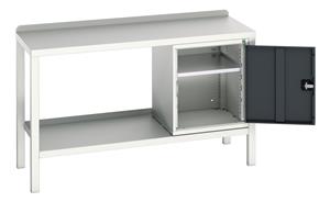 verso welded bench with cupboard & steel top. WxDxH: 1500x600x910mm. RAL 7035/5010 or selected Verso Welded Work Benches for production areas